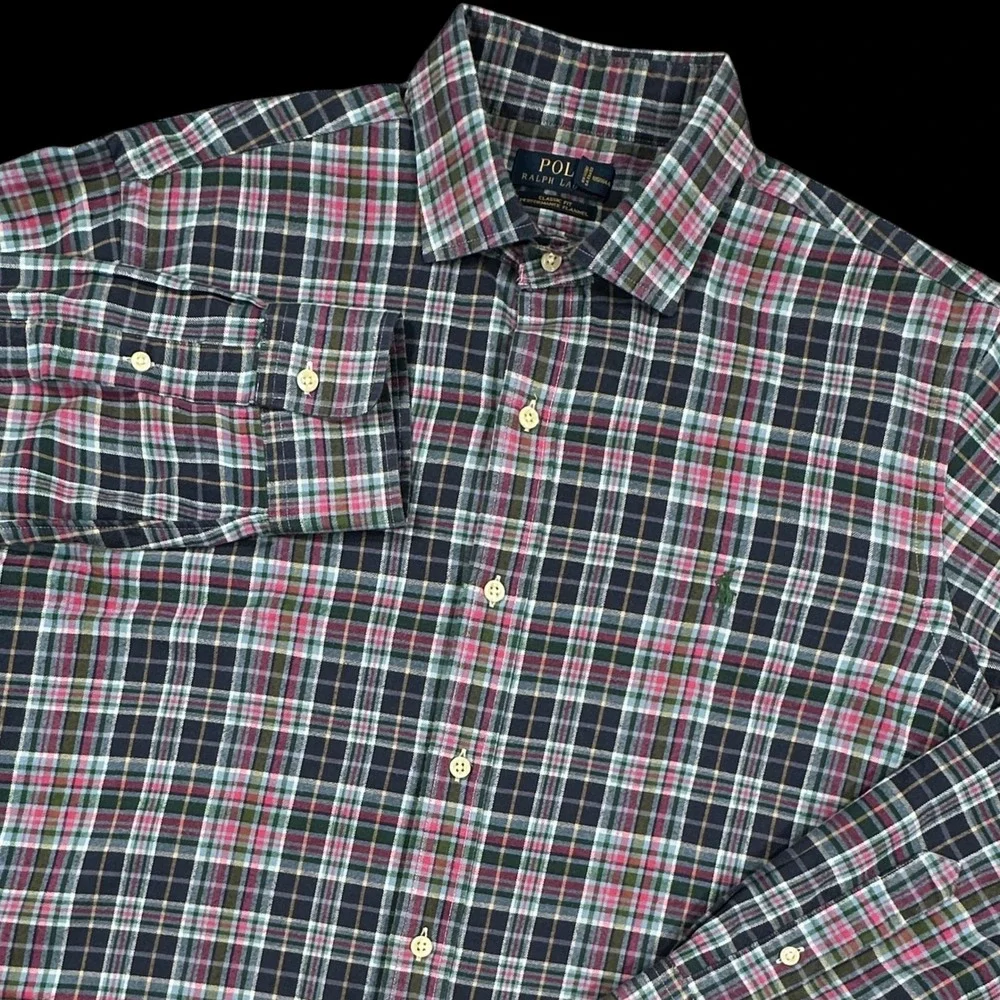 Polo Ralph Lauren Performance Flannel Mens‎ XL Navy Pink Plaid Classic Fit Shirt